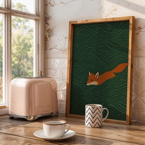 波打つ水の中で泳ぐキツネ - ミニマルな動物アートプリント、森の自然の壁飾り