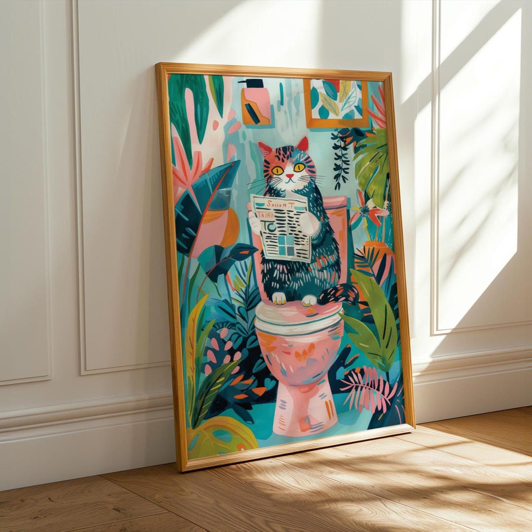 Tropical Cat on Toilet Art Print: Funny Bathroom Decor - Etsy