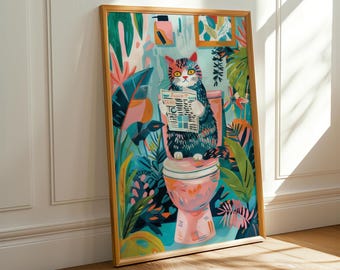 Tropical Cat on Toilet Art Print: Funny Bathroom Decor