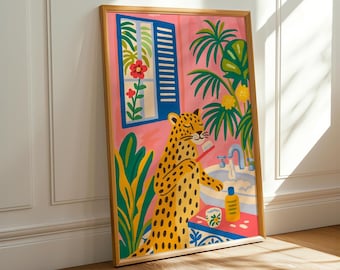 Leopard Brushing Teeth Print: Whimsical Bathroom Animal Art