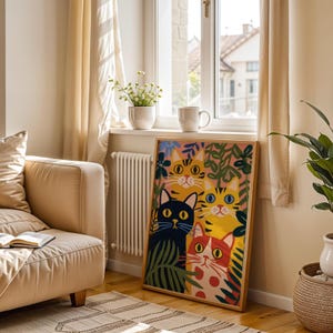 May include: A framed art print featuring a colorful illustration of several cats with various patterns and colors. The artwork is set against a pink background with green foliage. The frame is made of light-colored wood.