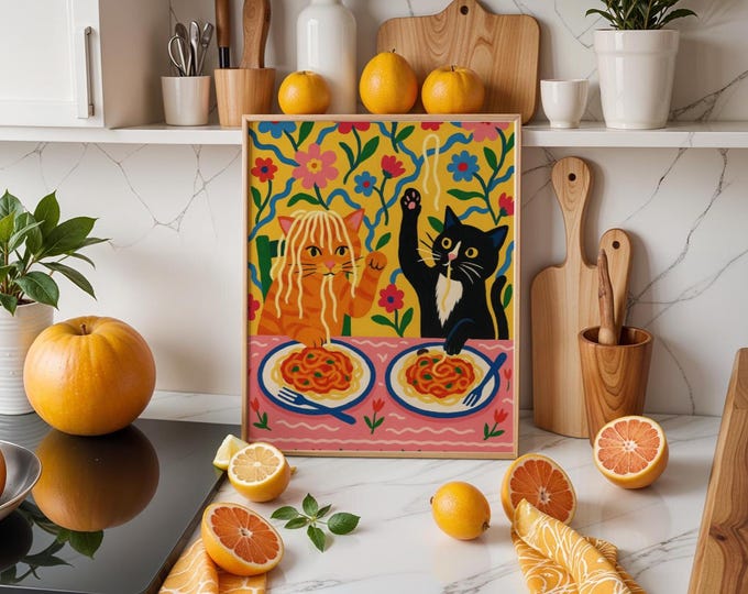 Whimsical Cat Art Print: Cats Eating Spaghetti, Playful Kitchen Decor
