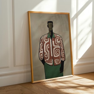 May include: A framed art print depicting a figure in a patterned shirt and green skirt. The shirt is brown with white swirls, and the figure has black skin. The artwork is displayed against a neutral background, with a wooden frame.