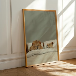 Cozy Lions in Bed – Whimsical Animal Art Print, Cute Wildlife Wall Art, Modern Neutral Decor