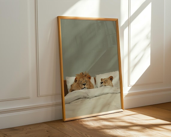 Sleeping Lions Art Print – Cozy Animal Couple, Neutral Bedroom Decor