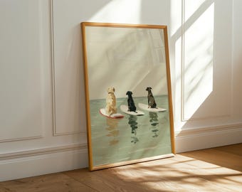 May include: A framed art print featuring three dogs on surfboards in the water. The dogs are a golden retriever, a black dog, and a dark brown dog. The surfboards are white with red accents. The water is a light green color.