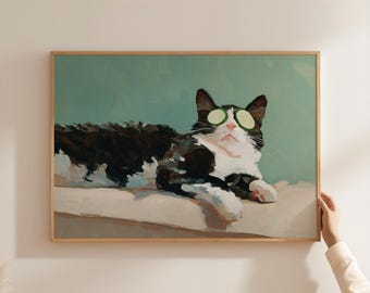 Minimalist Spa Day Cat Print – Sage Green Abstract Wall Art for Cat Lovers