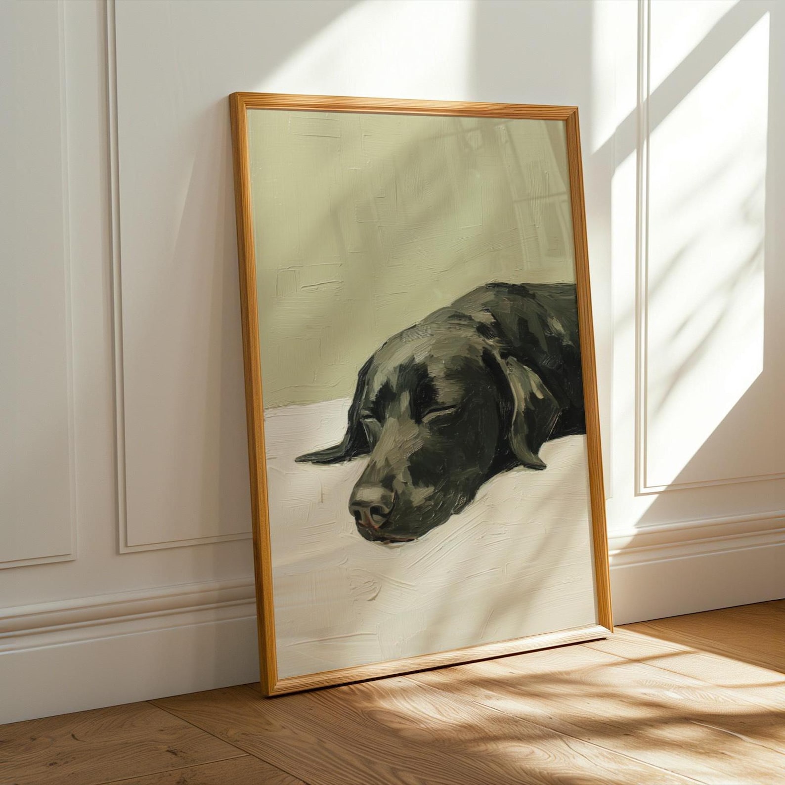 Sleeping Black Labrador – Minimalist Oil Painting Dog Wall Art - 40x50 cm / 16x20″