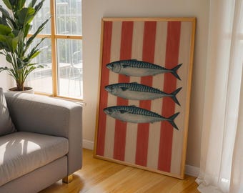 Mackerel Fish Art Print: Nautical Coastal Kitchen Decor