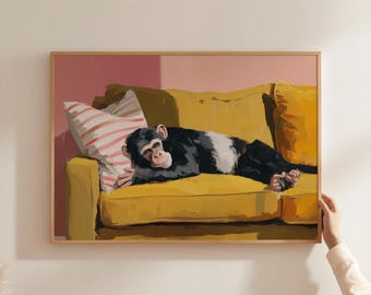 Chimp on Yellow Sofa Wall Art – Contemporary Animal Painting Print for Home Decor