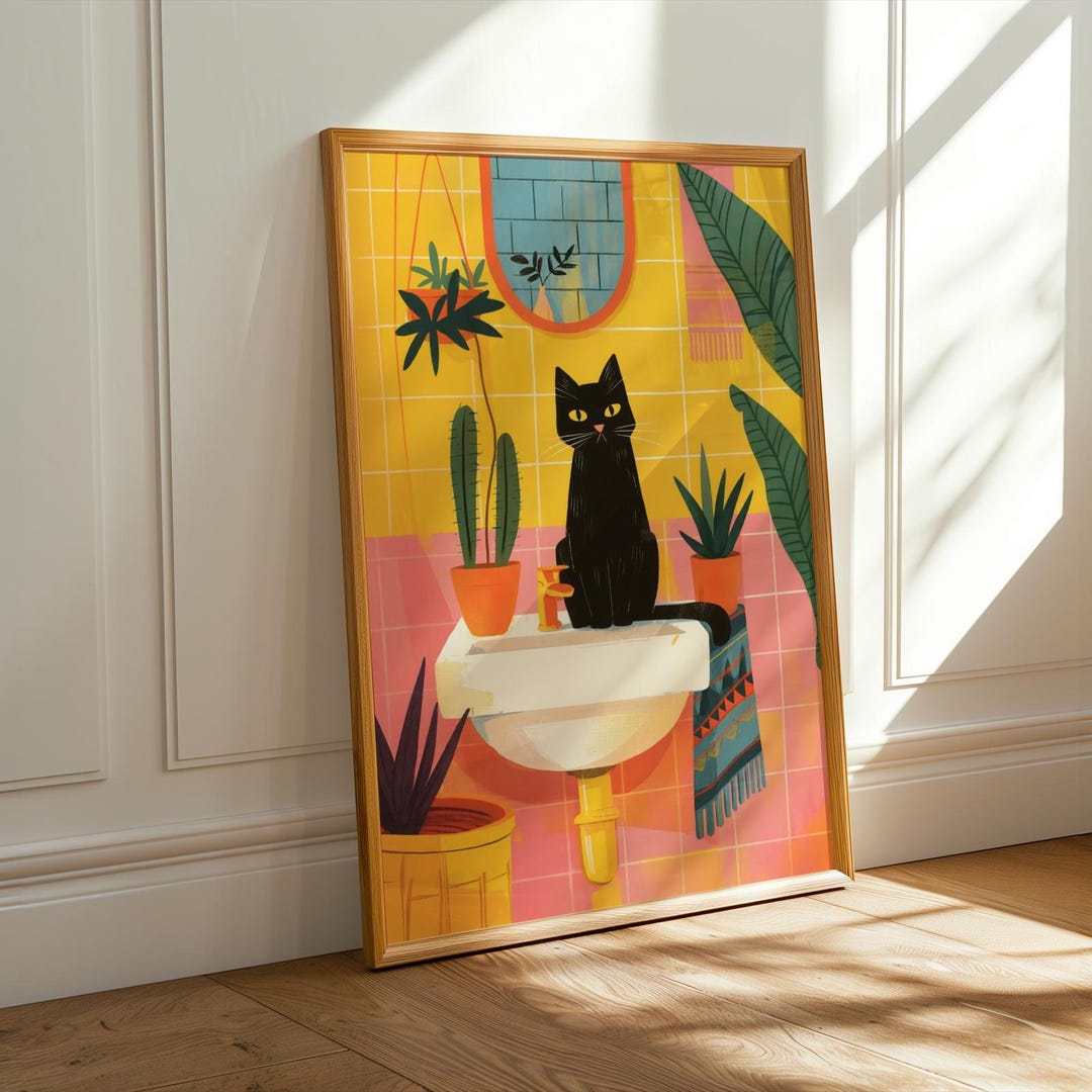 Whimsical Black Cat Bathroom Art Print - Colorful Retro Poster With ...