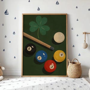 Billiards Wall Art – Retro Pool Ball Print with Cue Stick and Clover – Game Room Decor, Vintage Style Bar Art, Lucky 8 Ball Poster