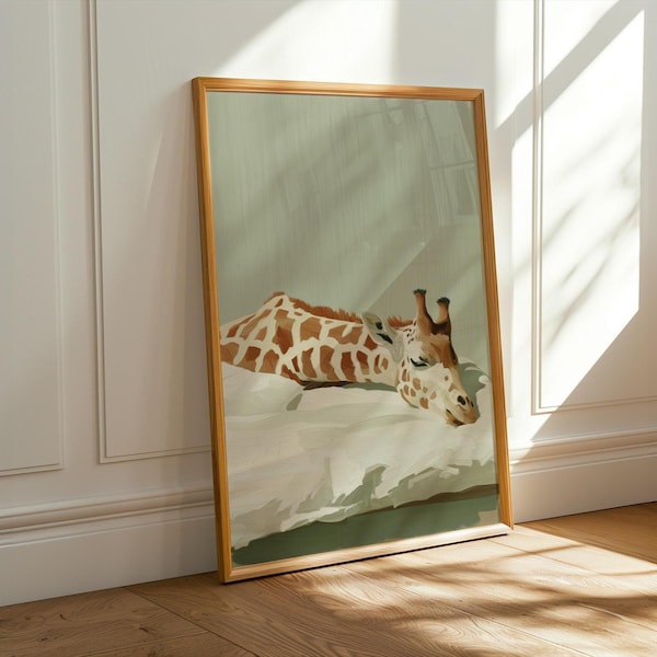 Sleeping Giraffe Oil Painting Print – Minimalist Animal Wall Art with Textured Brush Strokes