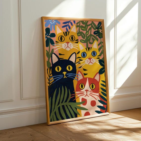 Colourful Cat Portrait Art Print, Whimsical Cat Illustration, Playful Animal Wall Art