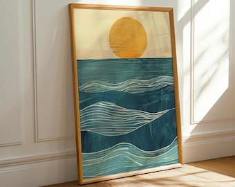 Minimalist Ocean Waves Art Print • Block-Print Style Sea & Sun Illustration