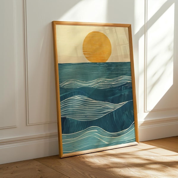 Impresión artística minimalista de olas del océano • Ilustración de mar y sol estilo impresión en bloque