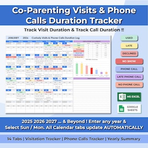 Può includere: Un tracker di co-genitorialità blu e bianco, intitolato "Co-Parenting Visits & Phone Calls Duration Tracker". Include un calendario per il monitoraggio di visite e chiamate, con etichette codificate a colori per diversi stati. Progettato per MS Excel e Google Sheets.