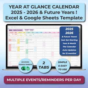 Planificador anual editable, plantilla de calendario anual (Excel y Google Sheets), resumen anual en una página, plantilla de organizador de horarios.