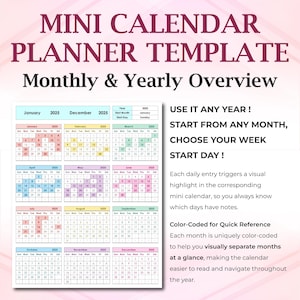 Mini Calendar Spreadsheet Template, Year at Glance Overview, Events Birthdays Appointments & Daily Notes Calendar - Excel Google Sheets