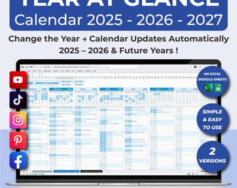 Excel Calendar Template, Year at a Glance Planner, Monthly & Yearly Schedule, Google Sheets Calendar Template, Automated Smart Planner
