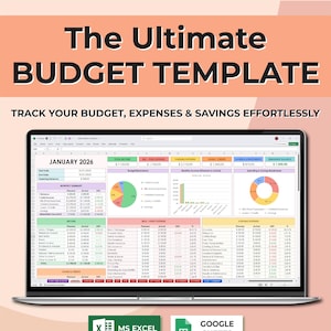 May include: A laptop screen displays a budget template with the title "The Ultimate Budget Template." The template includes charts, tables, and the text "Track your budget, expenses & savings effortlessly." It supports USD, EUR, and GBP currencies. The image also shows the MS Excel and Google Sheets logos.