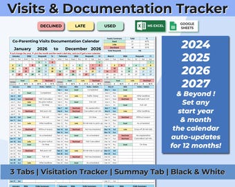 Shared Custody Calendar Spreadsheet for Co-Parenting | Visit Tracking, Legal Documentation & Annual Parenting Time Records | Excel Sheets