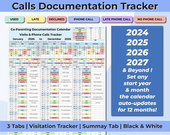 Parenting Time Documentation Calendar | Custody Compliance Tracker for Co-Parents | Full Year Visitation Calls Records & Organized Overview