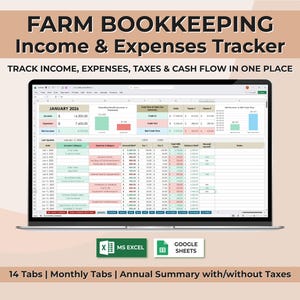 May include: A laptop screen showing a farm bookkeeping spreadsheet with income, expenses, and cash flow data for January 2026. The spreadsheet is designed for tracking income, expenses, taxes, and cash flow. The image also includes the text "Farm Bookkeeping Income & Expenses Tracker".