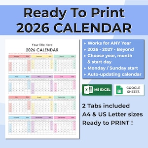 May include: A printable 2026 calendar with a colorful design. The calendar includes all 12 months, with options for any year, start day, and auto-updating features. Available in A4 and US Letter sizes.