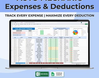 Auto Mechanic Expense Tracker | Auto Repair Bookkeeping Spreadsheet | Schedule C Expenses & Tax Deductions | Excel Google Sheets Template