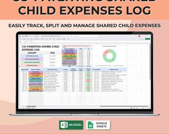 Co Parenting Expense Tracker Spreadsheet, Child Expense Log for Shared Custody, Split Parenting Costs, Joint Custody Expenses, Excel Sheets