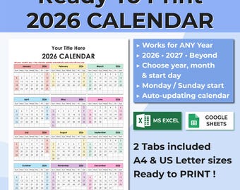 2026 2027 Calendar Spreadsheet, Editable Yearly Calendar, Excel Google Sheets Calendar, Auto Updating Calendar, Printable Calendar Layout