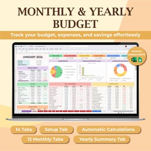 Monthly and Annual Budget Planner | Google Sheets & Excel Template | Expense Tracker | Financial Dashboard | Digital Budget Spreadsheet