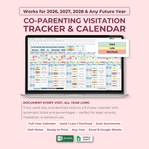 Puede incluir: Un rastreador digital de visitas de coparentalidad y calendario mostrado en una pantalla de portátil. La hoja de cálculo incluye columnas para fechas, estado de visitas y notas, con una leyenda codificada por colores para 2026.