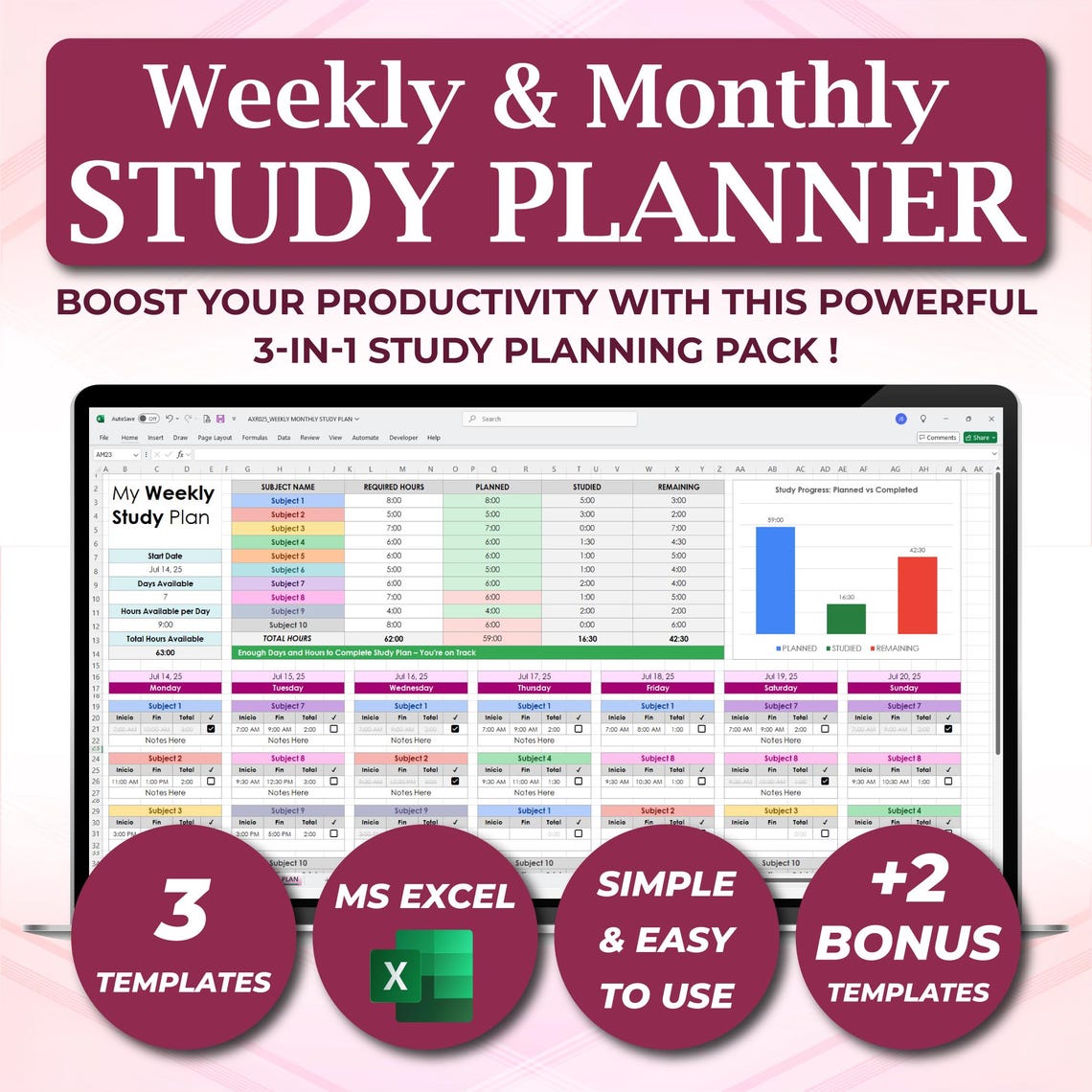 Student Study Planner Excel, Weekly Study Schedule, Monthly Revision ...