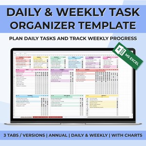 Puede incluir: Una pantalla de portátil que muestra una plantilla de organizador de tareas diarias y semanales. La plantilla está en formato de hoja de cálculo con secciones para tareas diarias, semanales y anuales. El texto en la pantalla dice "DAILY & WEEKLY TASK ORGANIZER TEMPLATE".