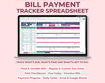 Bill Calendar Spreadsheet, Monthly Payment Tracker, Due Date Checklist, Budget Organizer | Excel & Google Sheets