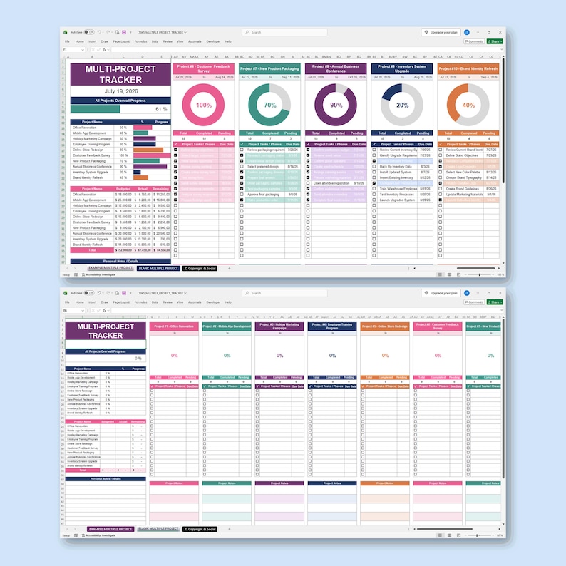 Multiple Projects Tracker - Project Management Template - Excel Google Sheets Planner - Task, Budget & Progress Spreadsheet