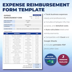Travel Expense Log, Expense Reimbursement Tracker Spreadsheet Template, Employee Expense Report Template, Business Trip Expense Sheet