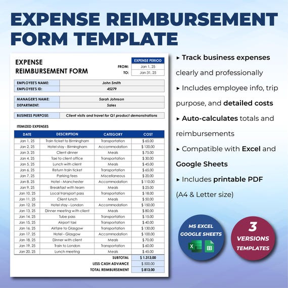 Travel Expense Log, Expense Reimbursement Tracker Spreadsheet Template, Employee Expense Report Template, Business Trip Expense Sheet
