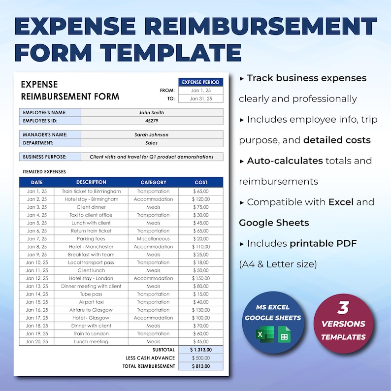 Travel Expense Log, Expense Reimbursement Tracker Spreadsheet Template, Employee Expense Report Template, Business Trip Expense Sheet