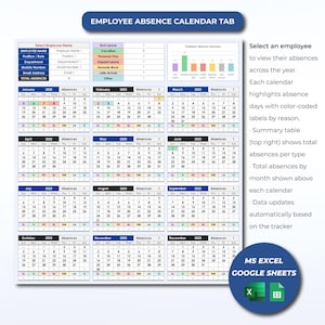 May include: An employee absence calendar tab in MS Excel or Google Sheets. The calendar displays monthly absence data for 2025, with color-coded labels for different absence types. A summary table is also included.