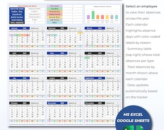 Employee PTO, Absence & Vacation Tracker | Excel Template for Leave of Absence, Time, Work Attendance and Team Tracker Spreadsheet