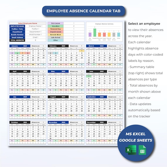 Employee PTO, Absence & Vacation Tracker | Excel Template for Leave of Absence, Time, Work Attendance and Team Tracker Spreadsheet