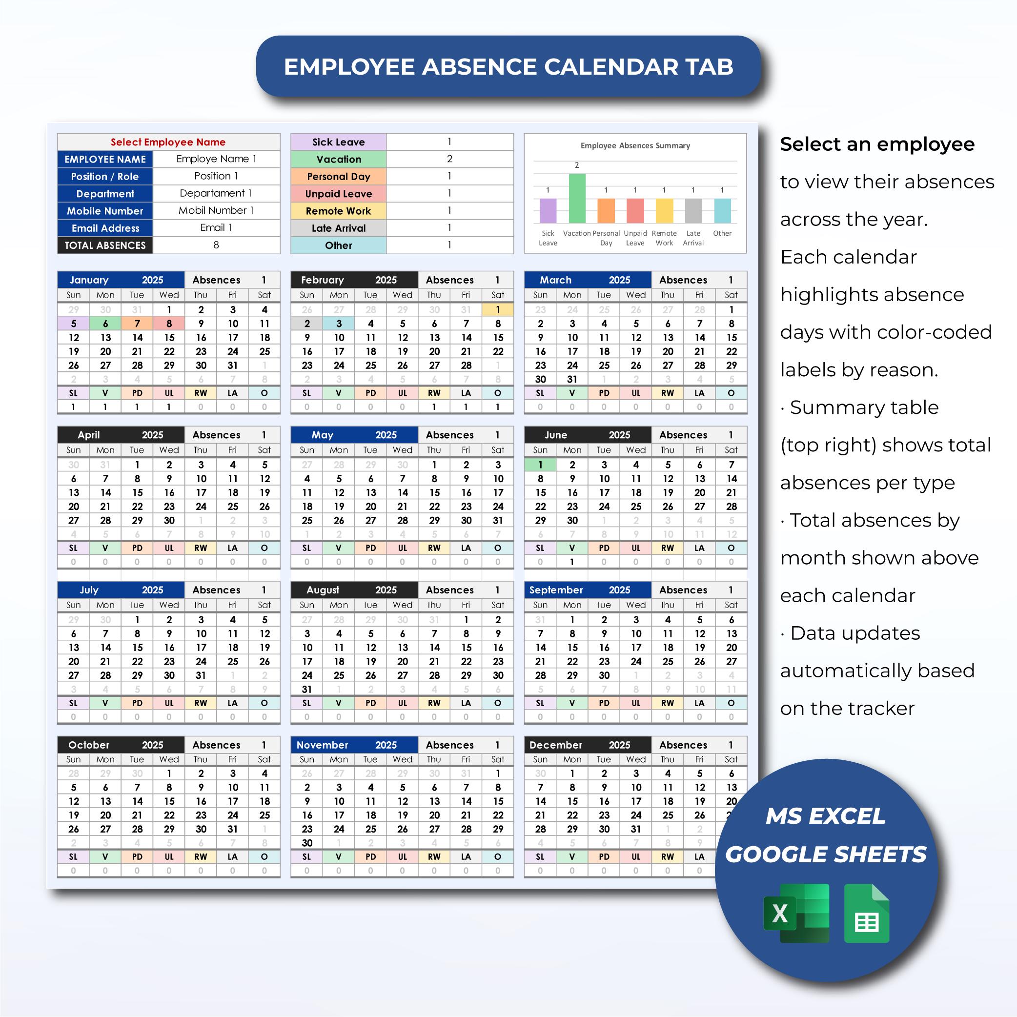 Employee PTO, Absence & Vacation Tracker | Excel Template for Leave of Absence, Time, Work Attendance and Team Tracker Spreadsheet