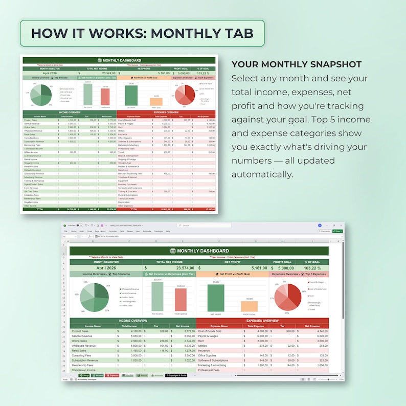 Small Business Bookkeeping Spreadsheet, Income Expense Tracker, Profit Dashboard, Sales Tax, Excel Budget Template, Annual Monthly Overview