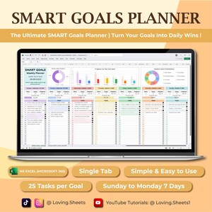 Może przedstawiać: Laptop z arkuszem kalkulacyjnym SMART GOALS PLANNER. Ekran wyświetla wykresy i listy zadań. Tekst zawiera "Weekly Planner" i "25 Tasks per Goal". Laptop znajduje się na jasnopomarańczowym tle. Dodatkowy tekst to "MS Excel" i "Simple & Easy to Use."