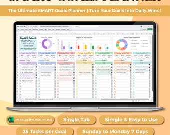 Excel SMART目標プランナーテンプレート、週次目標トラッカースプレッドシート、日々の習慣トラッカー、生産性タスクリスト、進捗チャート、週次タスク