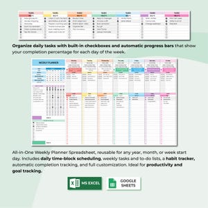 May include: A digital weekly planner spreadsheet with daily task lists, checkboxes, and progress bars. The planner includes time-block scheduling, a habit tracker, and full customization. The image also shows MS Excel and Google Sheets logos.