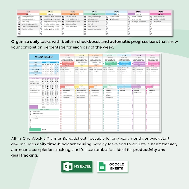 May include: A digital weekly planner spreadsheet with daily task lists, checkboxes, and progress bars. The planner includes time-block scheduling, a habit tracker, and full customization. The image also shows MS Excel and Google Sheets logos.